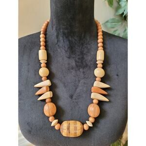 Women's Tribal Wood Beaded Necklace With Barrel Clasp Natural Chunky Boho Style